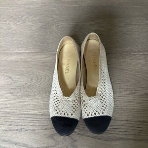 CHANEL Women's Crochet Cream and Black Flats